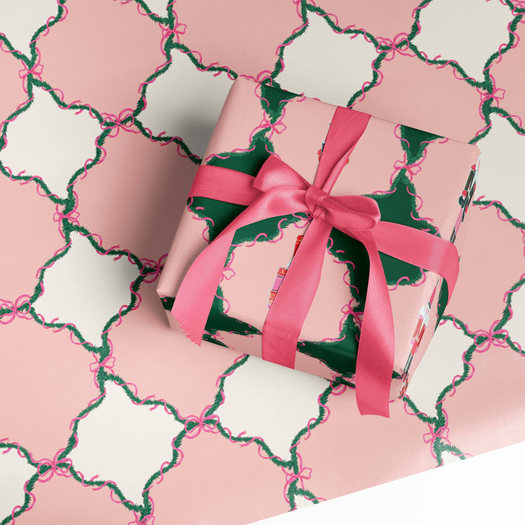 Pink Nutcracker Trellis Bows Double Sided Gift Wrap