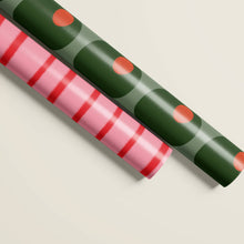 Load image into Gallery viewer, Olive Pattern and Red and Pink Striped Double Sided Gift Wrap - Set of 3 Sheets