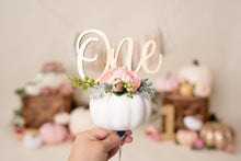 Load image into Gallery viewer, Orange Pumpkin Cake Topper - Little Pumpkin - Pumpkin Theme - First 1st Birthday - Baby Shower - Pink Floral Cake Topper