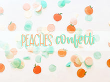 Load image into Gallery viewer, Peach Confetti - Sweet As A Peach Party Theme - Peach Birthday - Confetti - Peach Die Cut Decor - One Sweet Peach - Peach White Mint Colors
