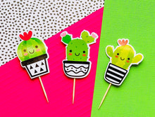 Load image into Gallery viewer, Cactus Cupcake Toppers - Cactus Die Cuts - Cactus Party Decorations - Llama Cactus - Kawaii Cactus - Summer Party - Hot Pink Black Green