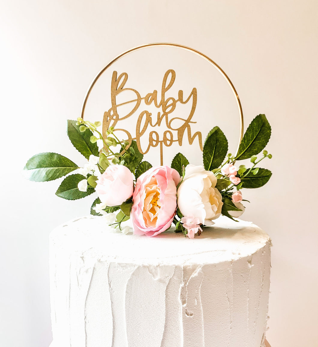 Baby In Bloom Shower - Pink and White Cake Topper - Floral Hoop Topper - Baby Shower - Floral Themed Party