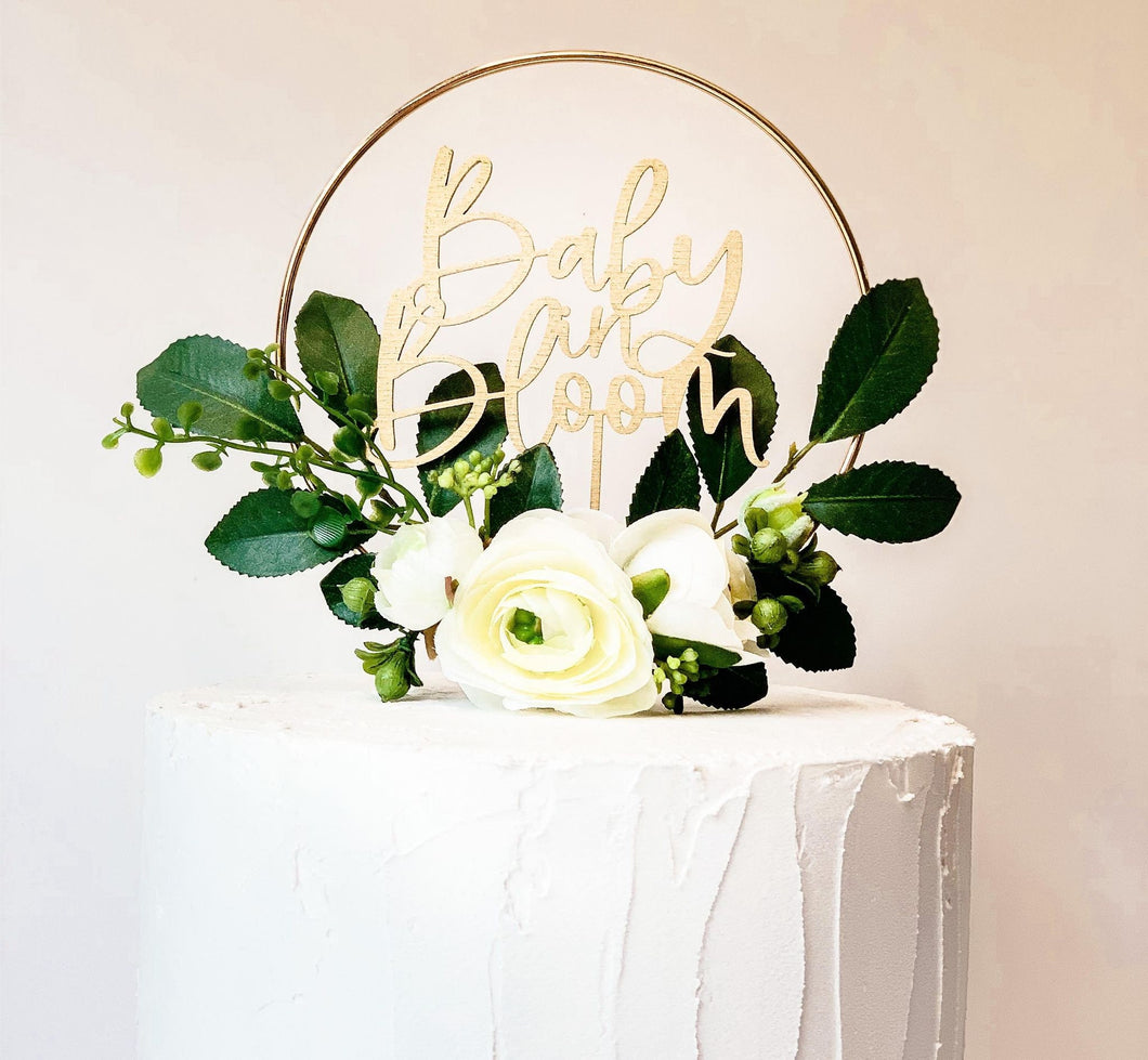 White Floral Cake Topper - Floral Hoop Topper - Oh Baby - Baby In Bloom - Gender Neutral - White Green - Rustic - Baby Bridal Shower