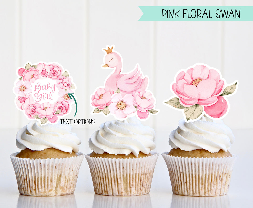 Pink Floral Swan - Swan Cupcake Toppers - Cupcake Toppers - Princess Swan - Birthday Cupcake Toppers - Cute Toppers