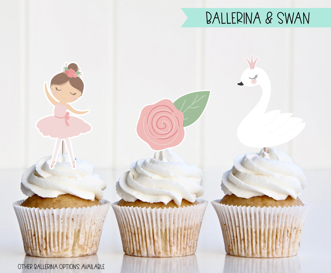 Ballerina Cupcake Toppers - Swan Cupcake Toppers - Floral - Pink - Princess Swan - Birthday Cupcake Toppers - Cute Toppers