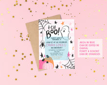 Load image into Gallery viewer, Pink Halloween Party - Hey Boo Digital Invitation - EDITABLE in Canva - Pink Halloween - Cute Halloween Birthday - October Birthday