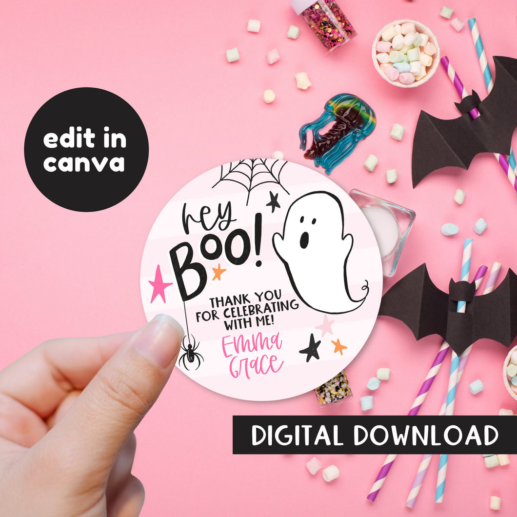 Hey Boo Sticker Template - Edit in Canva - Digital Download - Print from Home - Halloween Favor Bag Stickers Labels - Pink Halloween