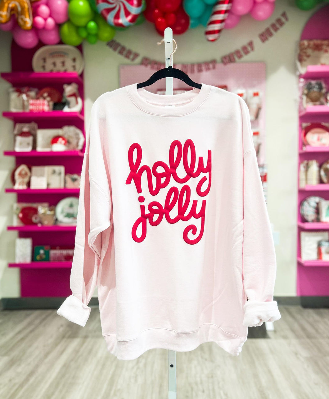 Holly Jolly Puff Print Pink Sweatshirt