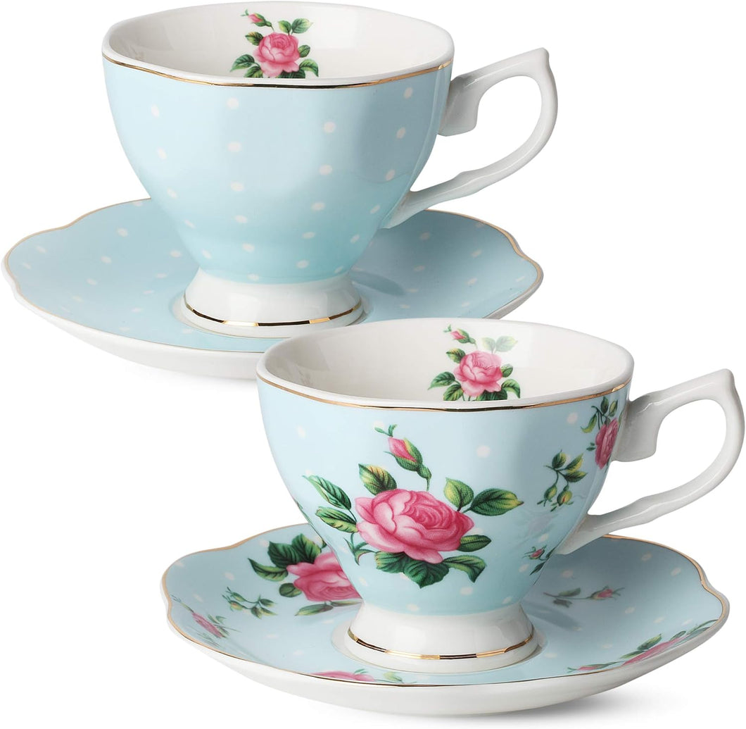Floral Tea Cup and Saucer 8oz with Gold Trim - Blue
