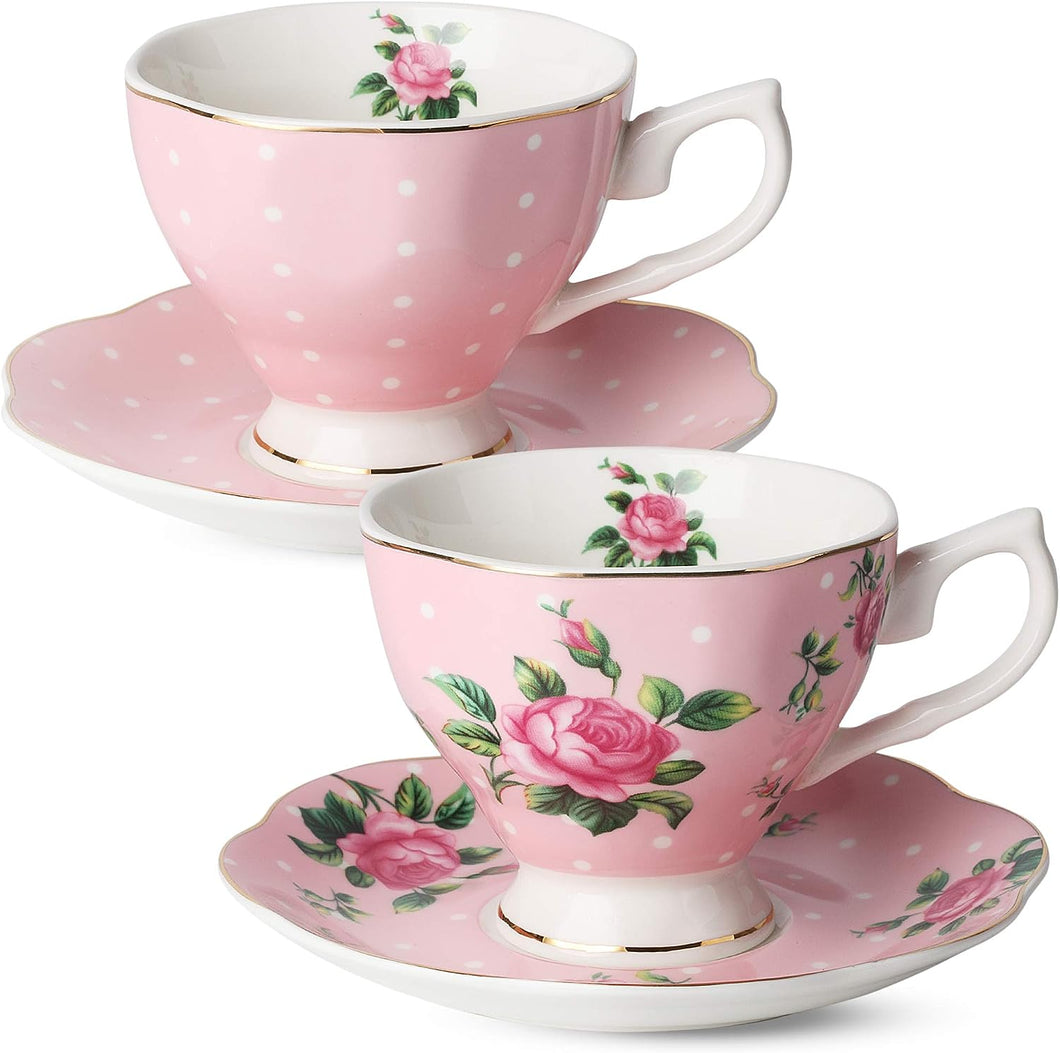 Floral Tea Cup and Saucer 8oz with Gold Trim- Pink