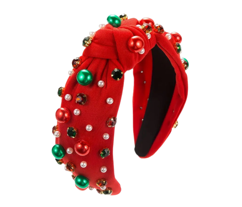 Top Knotted Faux Pearl Rhinestones Christmas Headband - Red