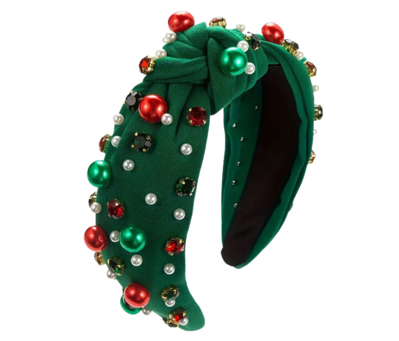 Top Knotted Faux Pearl Rhinestones Christmas Headband - Green