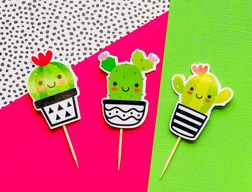 Cactus Cupcake Toppers - Cactus Die Cuts - Cactus Party Decorations - Llama Cactus - Kawaii Cactus - Summer Party - Hot Pink Black Green