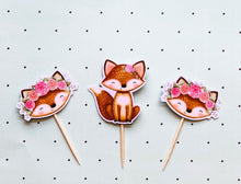 Load image into Gallery viewer, Woodland Fox Cupcake Toppers - Wild One - Cute Fox Cupcake Topper - Boho - Woodland Birthday Party - Pink Floral

