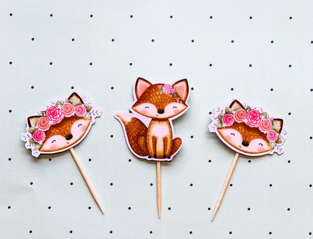 Woodland Fox Cupcake Toppers - Wild One - Cute Fox Cupcake Topper - Boho - Woodland Birthday Party - Pink Floral