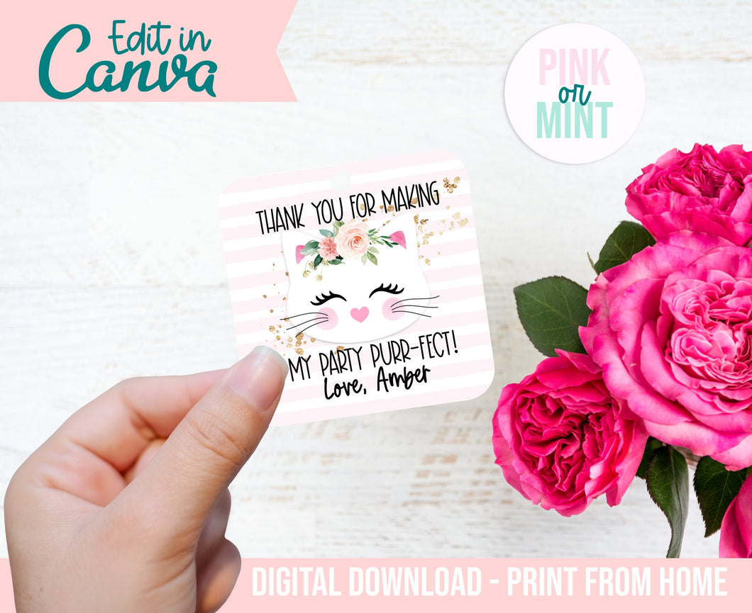 Kitty Thank You Tag Printable - EDITABLE in Canva - Printable - Print From Home - Kitten Kitty Party - Thank You Favor Goodie Bag Tags