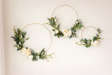 Load image into Gallery viewer, Set of 3 Floral Hoop Wreath - Neutral - Minimalist - Wedding Floral Hoops - Nursery Decor - Floral Backdrop - Gold Metal Ring Wreath - Boho
