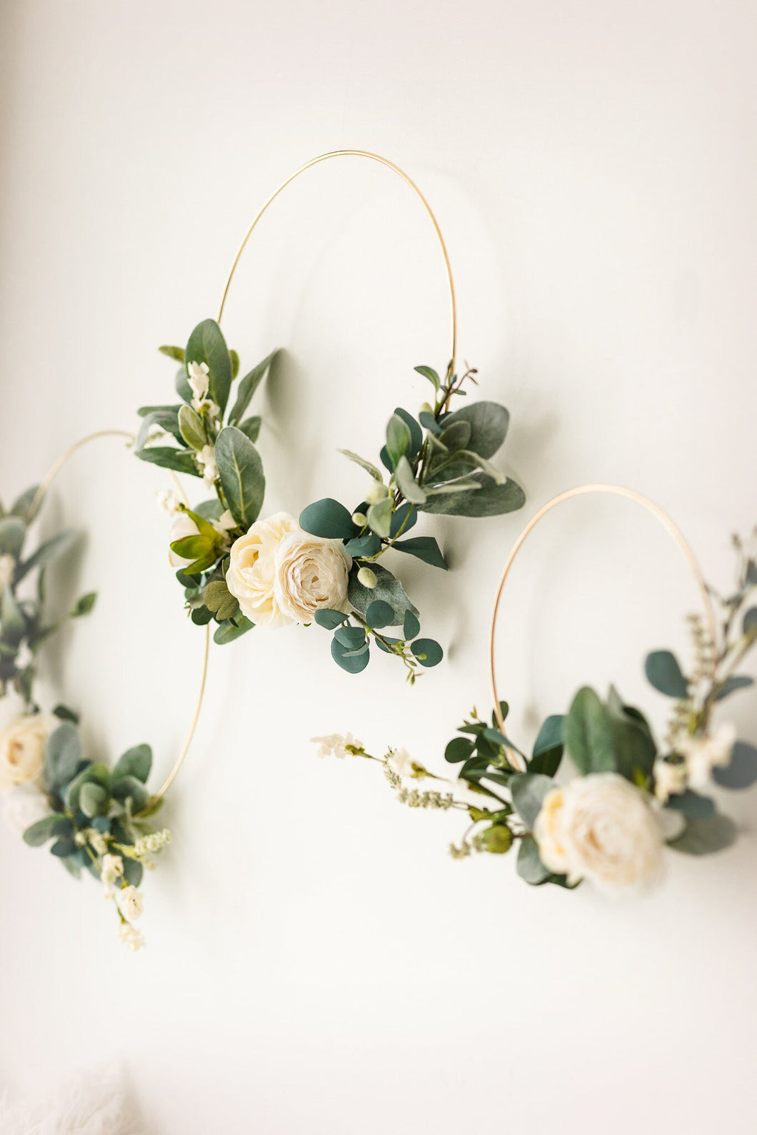 Set of 3 Floral Hoop Wreath - Neutral - Minimalist - Wedding Floral Hoops - Nursery Decor - Floral Backdrop - Gold Metal Ring Wreath - Boho
