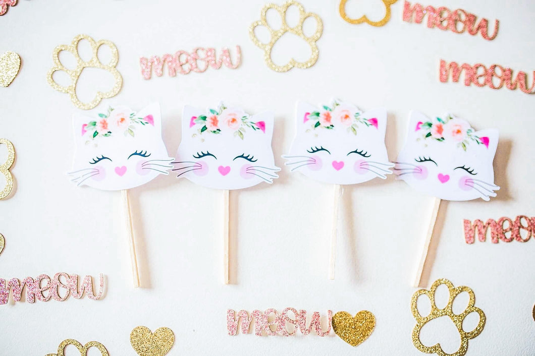 Kitty Cat Cupcake Toppers - Kitten Party Cupcake Topper - Cat Birthday Party - Pink Floral Gold