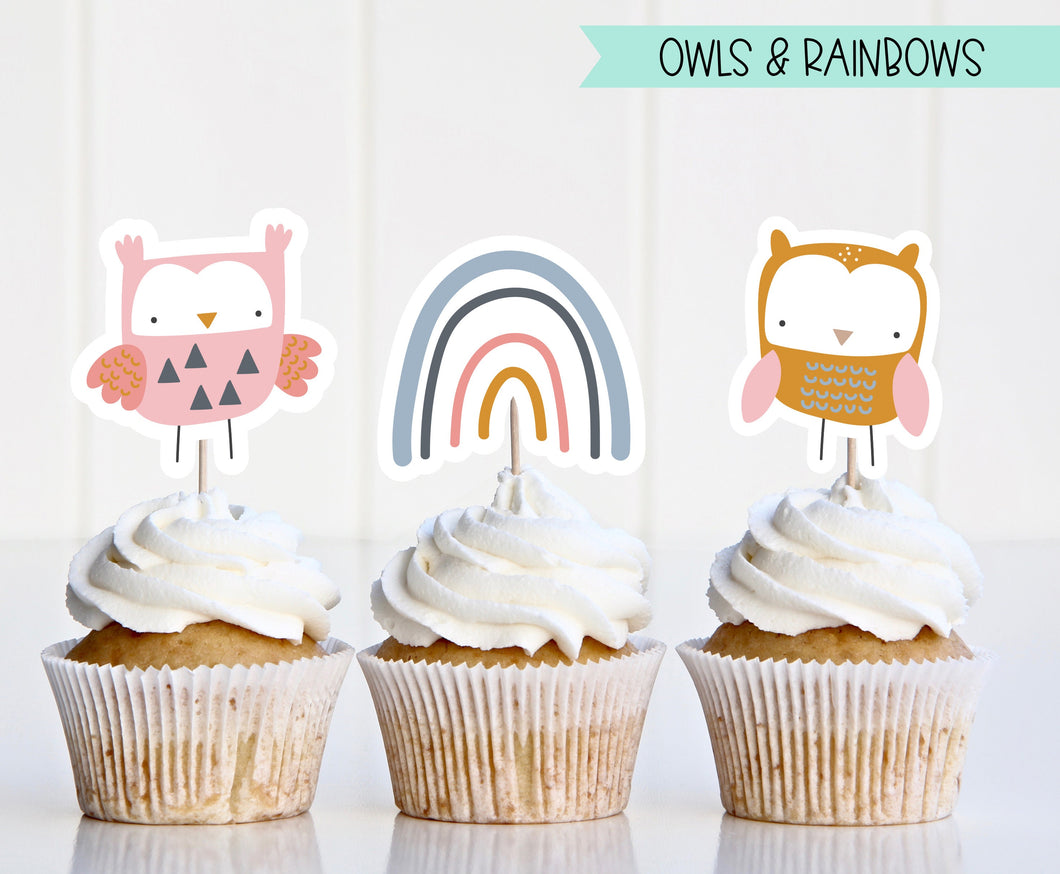 Owl Cupcake Toppers - Pinks - Rainbow - Boho - 1st First 2nd Birthday - Cupcake Toppers - Pastel Colors - Pinks Blues - Gender Reveal