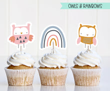 Load image into Gallery viewer, Owl Cupcake Toppers - Blues - Rainbow - Boho - 1st First 2nd Birthday - Cupcake Toppers - Pastel Colors - Pinks Blues - Gender Reveal
