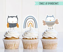 Load image into Gallery viewer, Owl Cupcake Toppers - Pinks - Rainbow - Boho - 1st First 2nd Birthday - Cupcake Toppers - Pastel Colors - Pinks Blues - Gender Reveal
