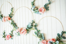 Load image into Gallery viewer, Floral Hoop Wreath - Pink Blush Wreath - Minimalist - Wedding Floral Hoops - Nursery Decor - Floral Backdrop - Gold Metal Ring Wreath - Boho

