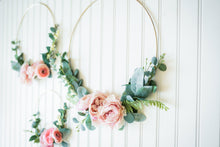 Load image into Gallery viewer, Floral Hoop Wreath - Pink Blush Wreath - Minimalist - Wedding Floral Hoops - Nursery Decor - Floral Backdrop - Gold Metal Ring Wreath - Boho
