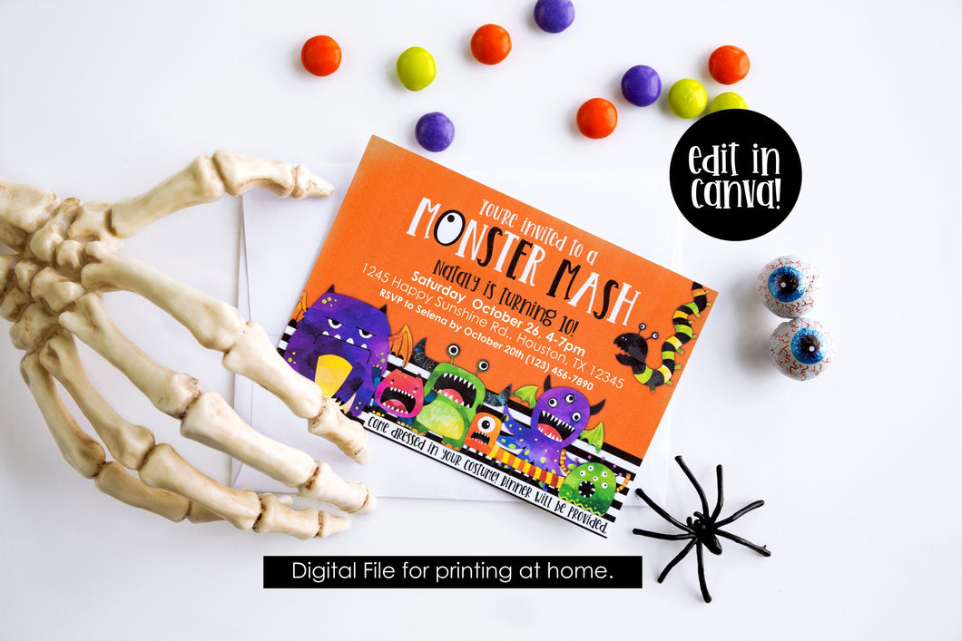 Monster Mash Digital Invitation - EDITABLE in Canva - Monster Mash Bash - October Birthday - Halloween Party Invitation - Print from home