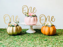 Load image into Gallery viewer, Pumpkin Cake Topper - Little Pumpkin - Pumpkin Theme - First 1st Birthday - Baby Shower - Pink Floral Cake Topper

