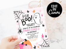Load image into Gallery viewer, Pink Halloween Party - Hey Boo Digital Invitation - EDITABLE in Canva - Pink Halloween - Cute Halloween Birthday - October Birthday
