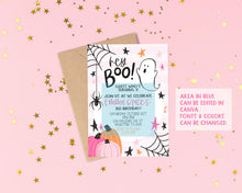Load image into Gallery viewer, Pink Halloween Party - Hey Boo Digital Invitation - EDITABLE in Canva - Pink Halloween - Cute Halloween Birthday - October Birthday
