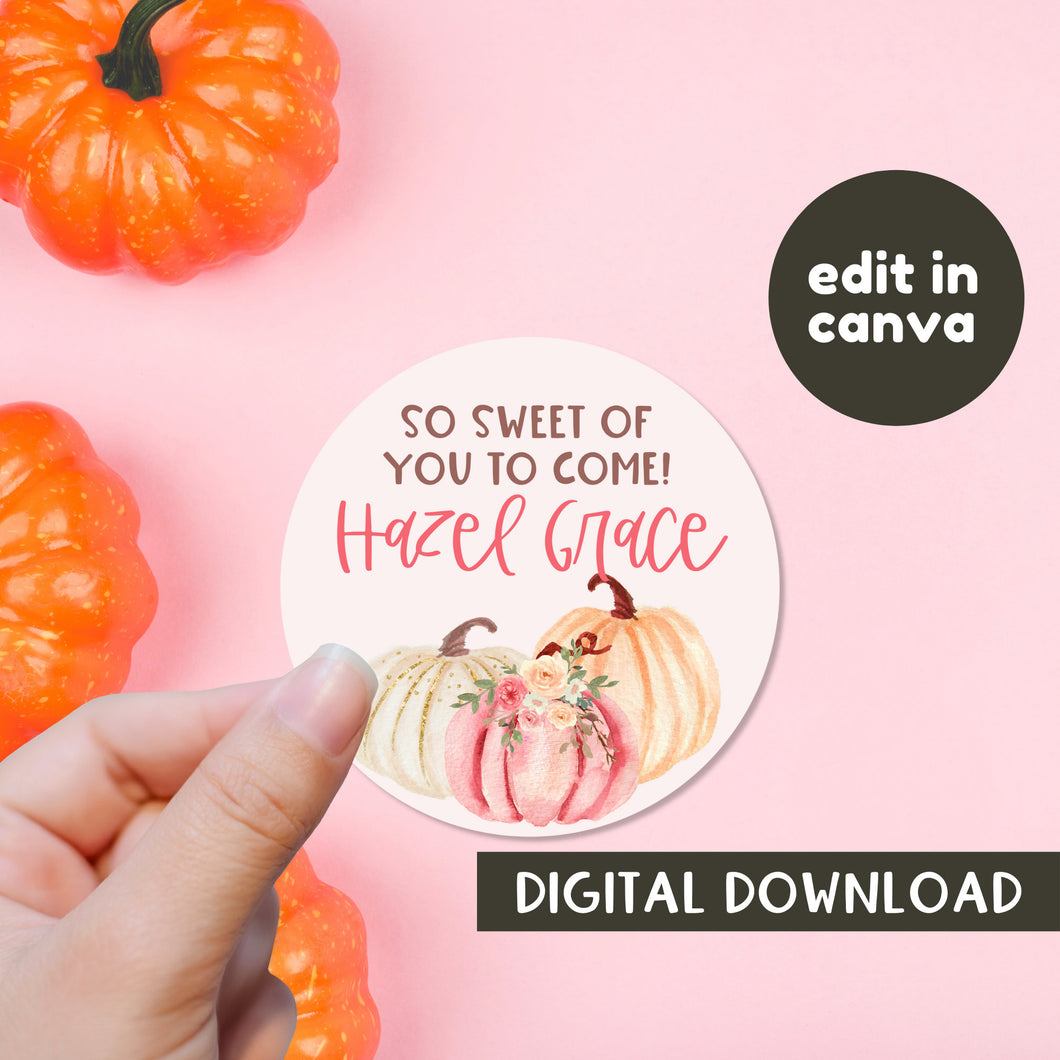 Little Pumpkin Sticker Template - Edit in Canva - Digital Download - Print from Home - Pink White Orange Pumpkin Thank you Sticker Template